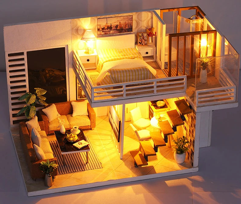 Casa em Miniatura Moderna com Móveis e Luzes: Refúgio Encantado